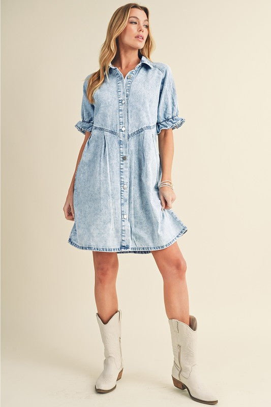 Ruffled Short Sleeve Buttoned Denim Dress