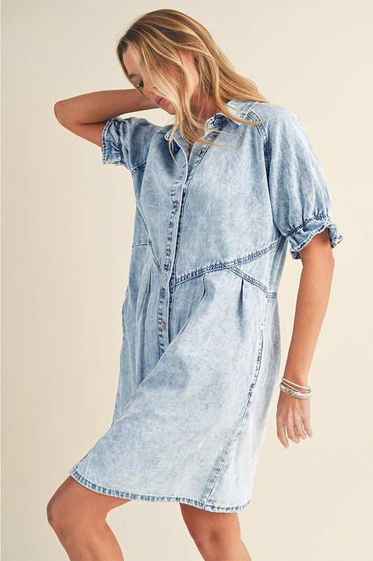 Ruffled Short Sleeve Buttoned Denim Dress