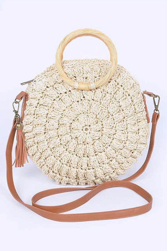 Wooden Handle Crochet Straw Circle Bag