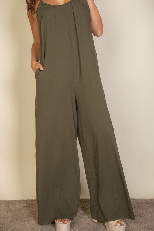 Spaghetti strap solid wide jumpsuit