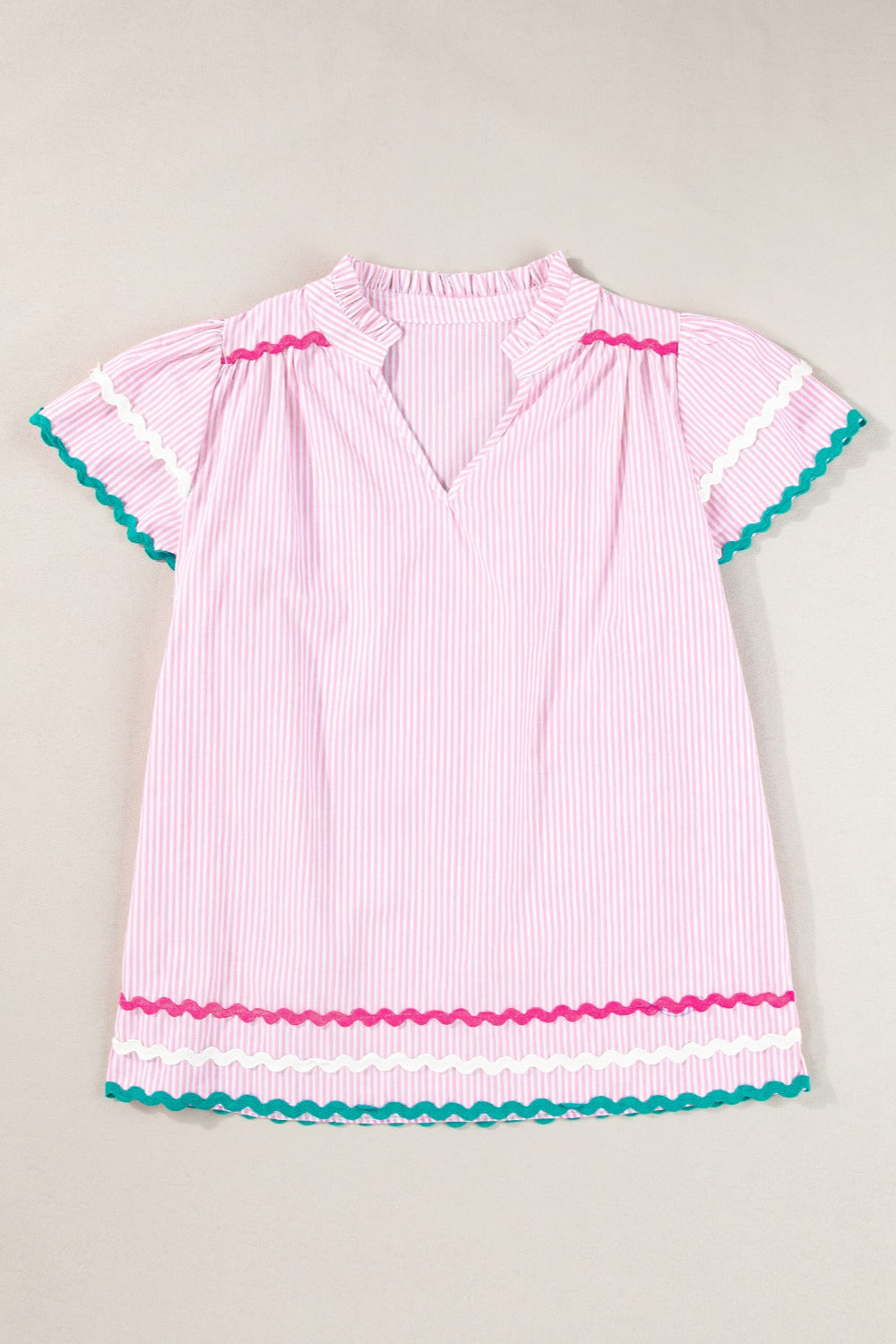 Striped Notched Short Sleeve Blouse