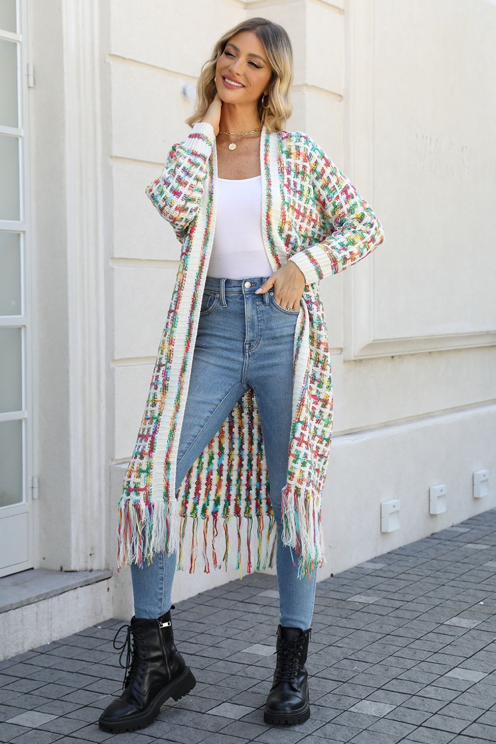Multicolored Open Front Fringe Hem Cardigan -  Nueva Moda Boutique By Giselly 