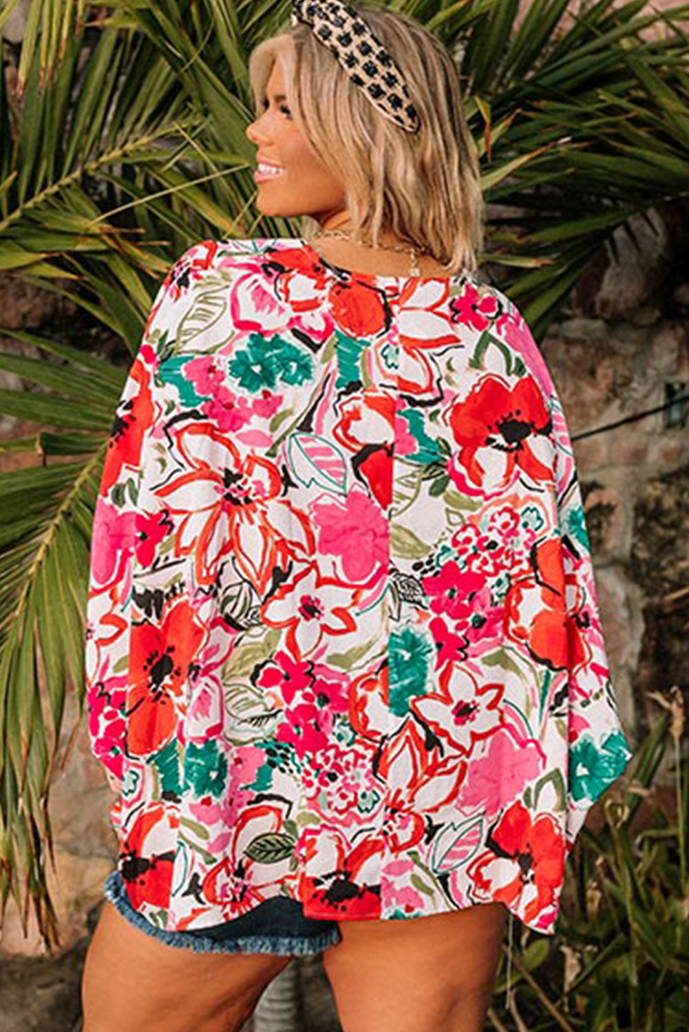 Rose Plus Size Floral Print Boho Kimono Sleeve Shirt