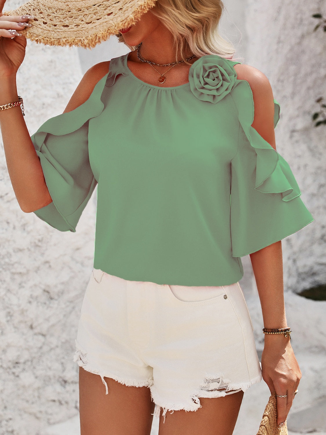 Ruffled Round Neck Half Sleeve Blouse