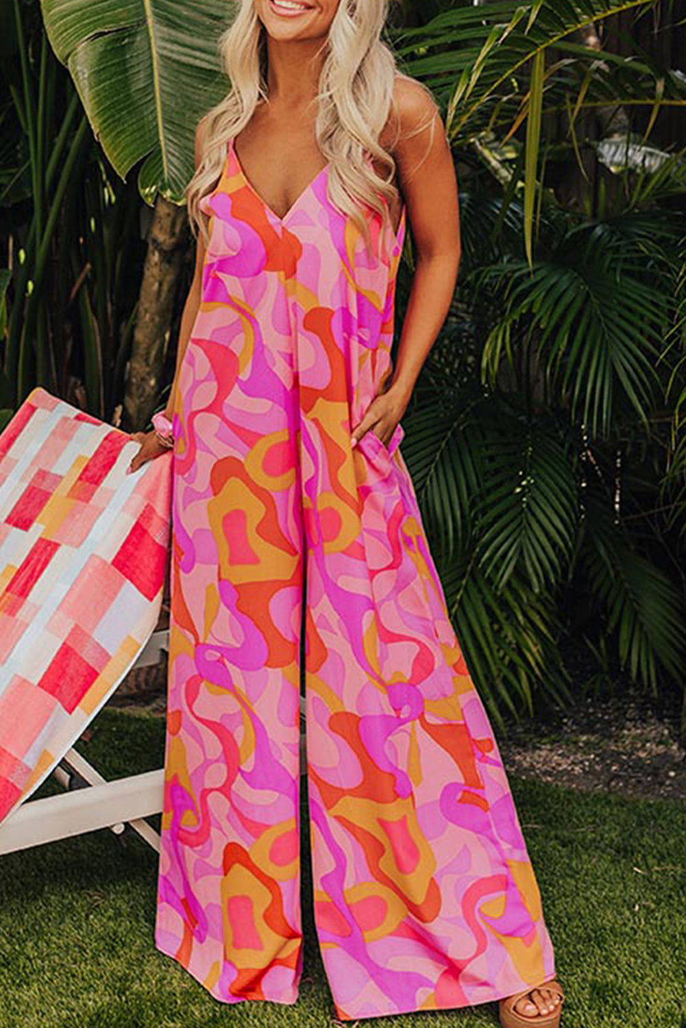 Pink Boho Abstract Print V Neck Wide Leg Jumpsuit