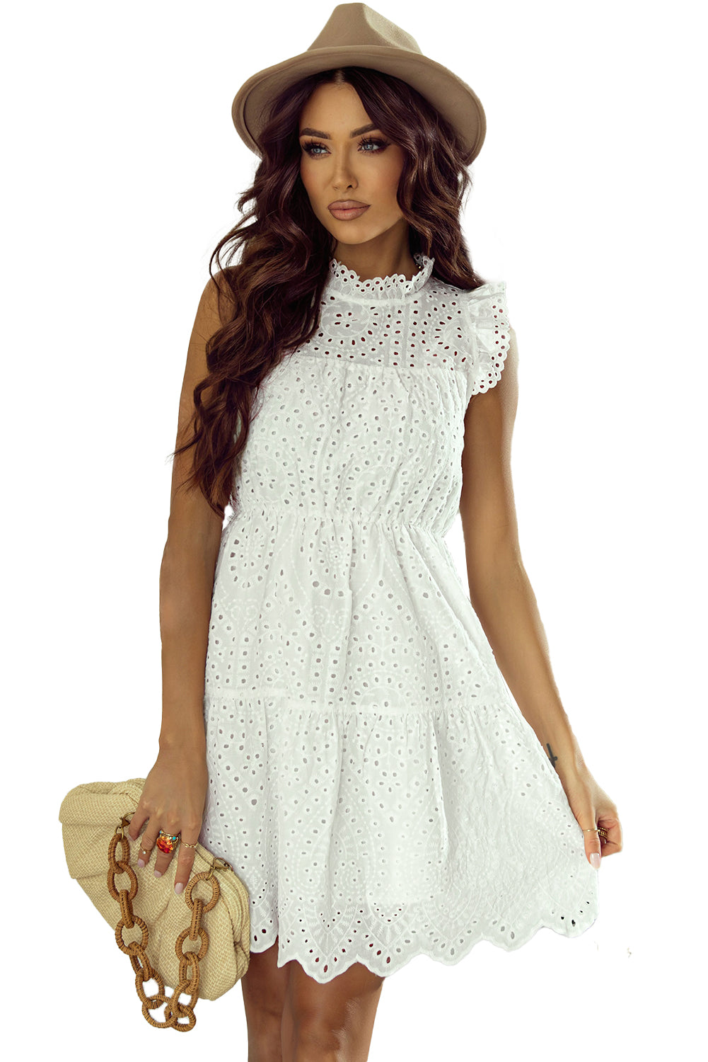 White Elegant Hollowed Flutter A-line Short Dress