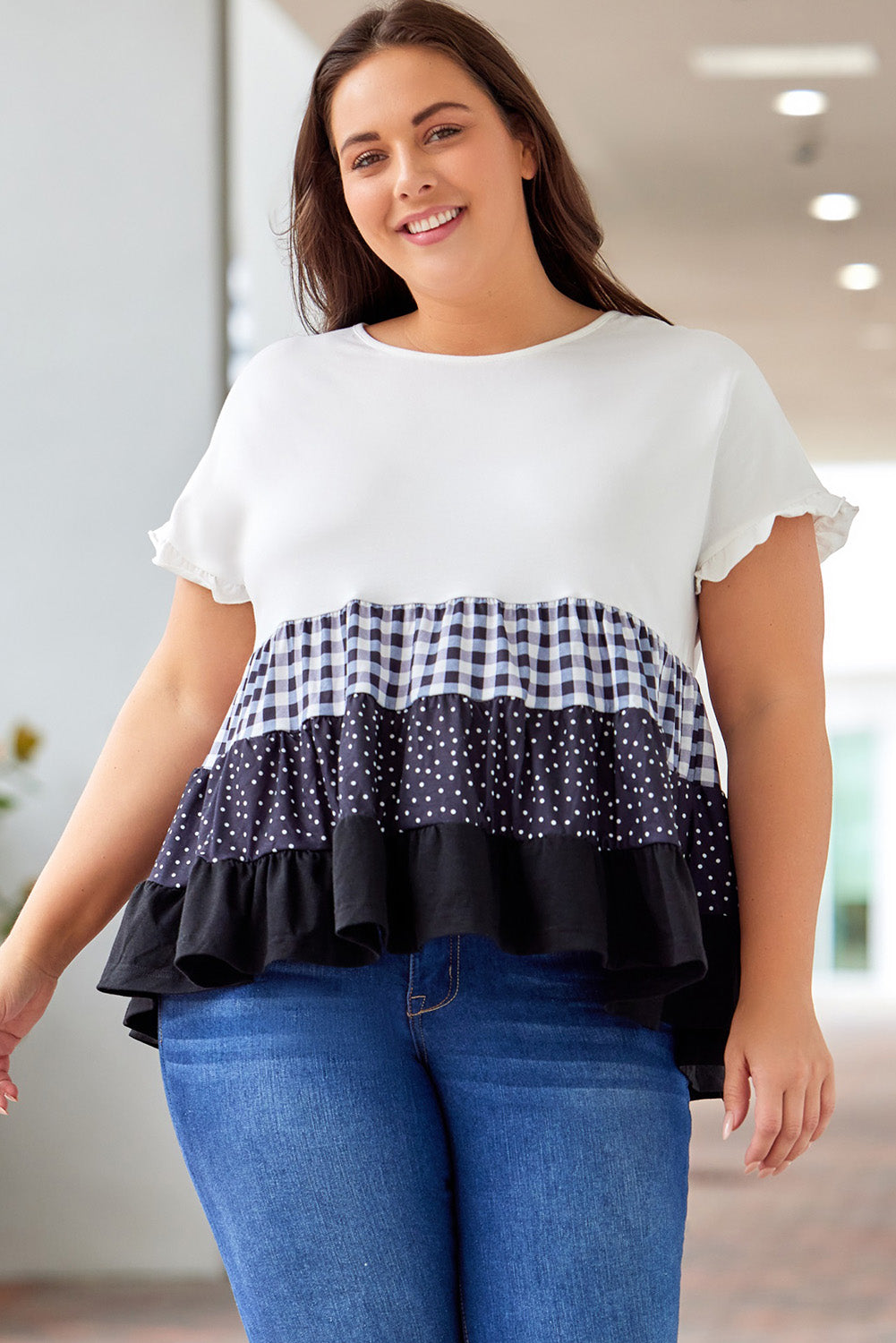 Plus Size Plaid Color Block Tiered Blouse -  Nueva Moda Boutique By Giselly 