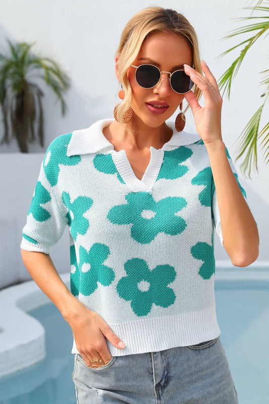 Floral Johnny Collar Half Sleeve Knit Top -  Nueva Moda Boutique By Giselly 