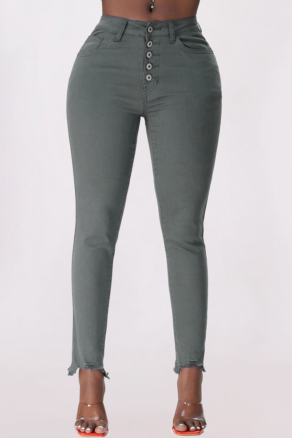 Button Fly Hem Detail Skinny Jeans -  Nueva Moda Boutique By Giselly 