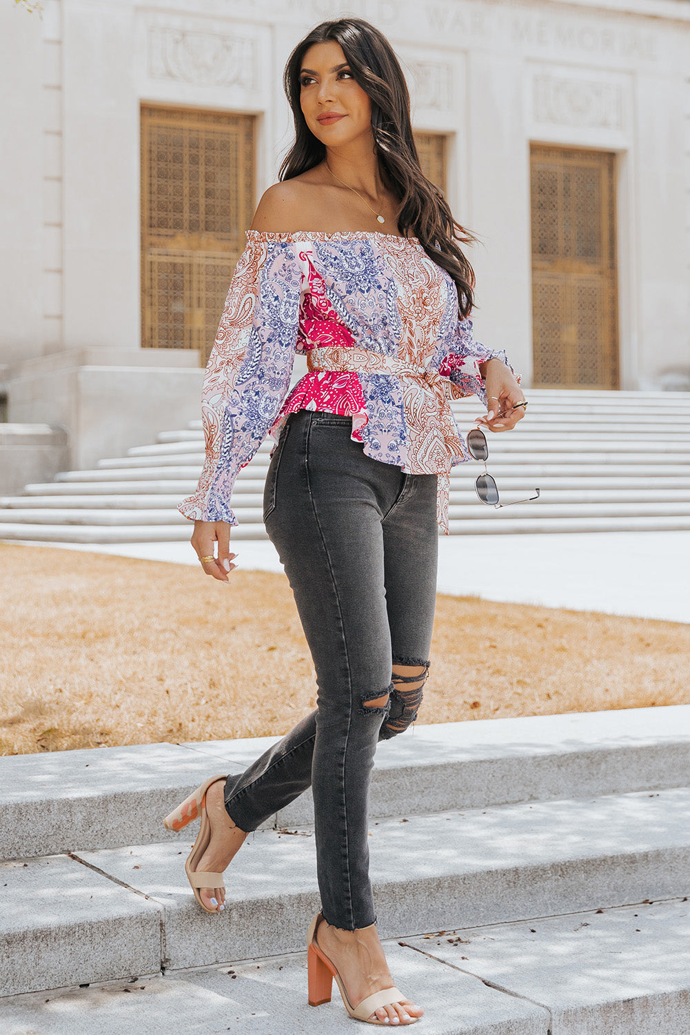 Printed Off-Shoulder Flounce Sleeve Belted Blouse -  Nueva Moda Boutique By Giselly 