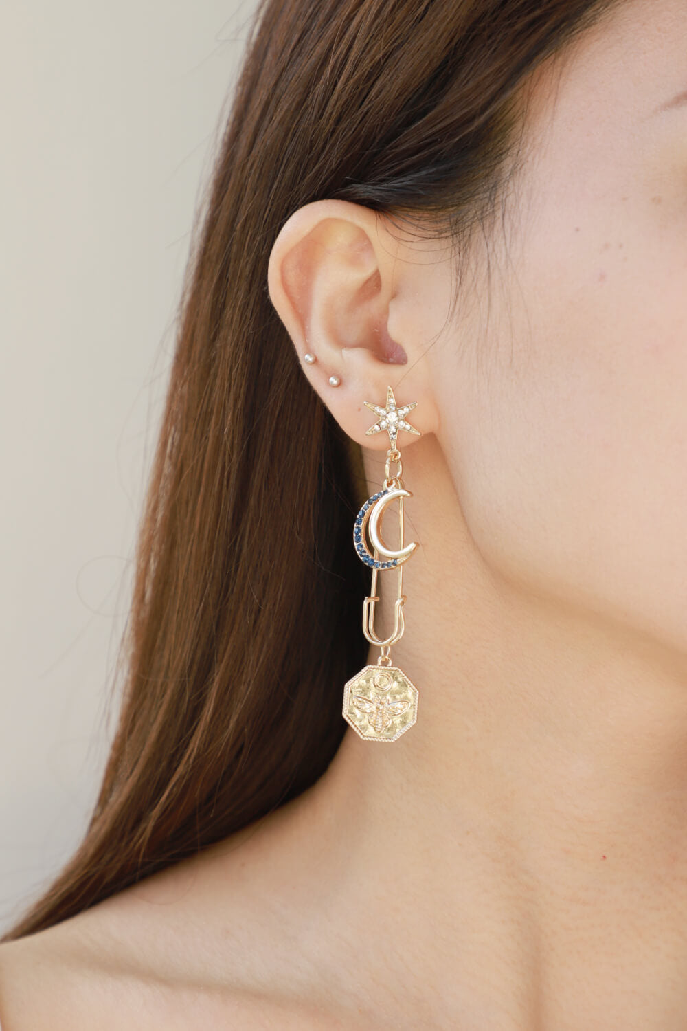 Inlaid Rhinestone Moon and Star Drop Earrings -  Nueva Moda Boutique By Giselly 