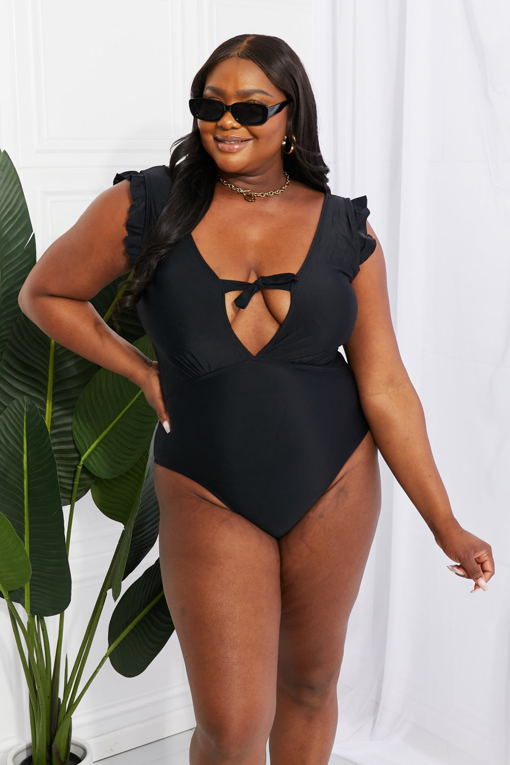 Marina West Swim Seashell Ruffle Sleeve One-Piece in Black -  Nueva Moda Boutique By Giselly 