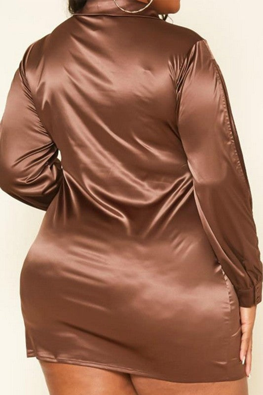 Plus Size Long Sleeve Collar Satin Mini Dress -  Nueva Moda Boutique By Giselly 