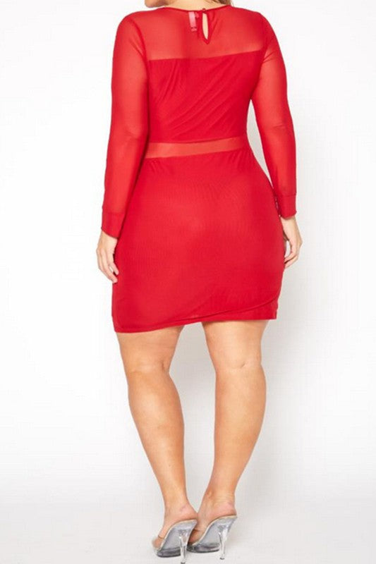 Plus Size Mesh Contrast Long Sleeve Mini Dress -  Nueva Moda Boutique By Giselly 