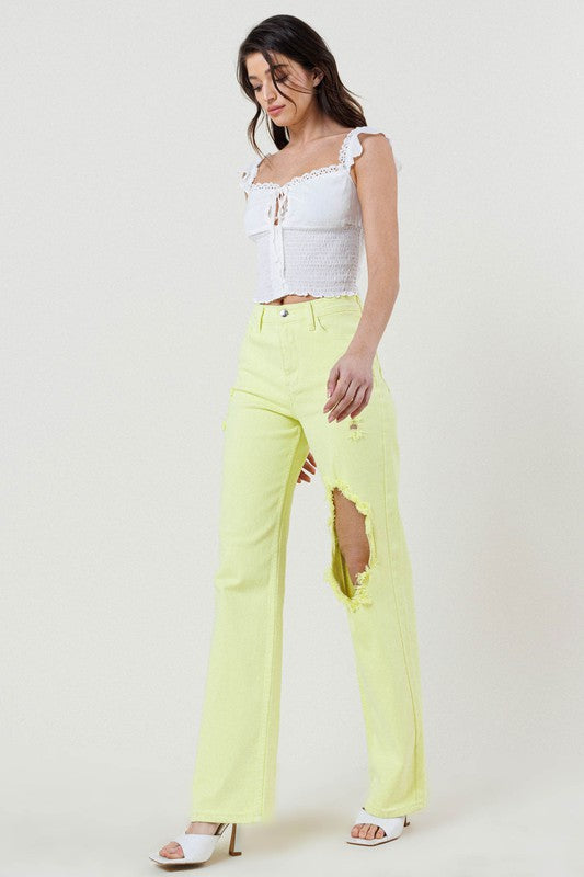 DISTRESSED WIDE CUT STRAIGHT LEG JEANS -  Nueva Moda Boutique By Giselly 