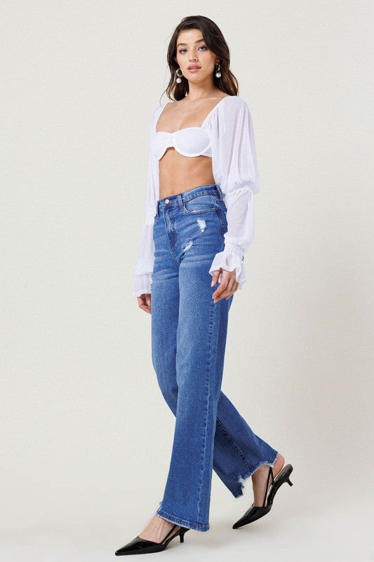 HIGH RISE WIDE LEG W DISTRESSED HEM DETAIL -  Nueva Moda Boutique By Giselly 