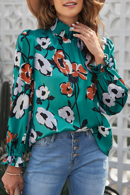 Floral Smocked Mock Neck Flounce Sleeve Blouse -  Nueva Moda Boutique By Giselly 