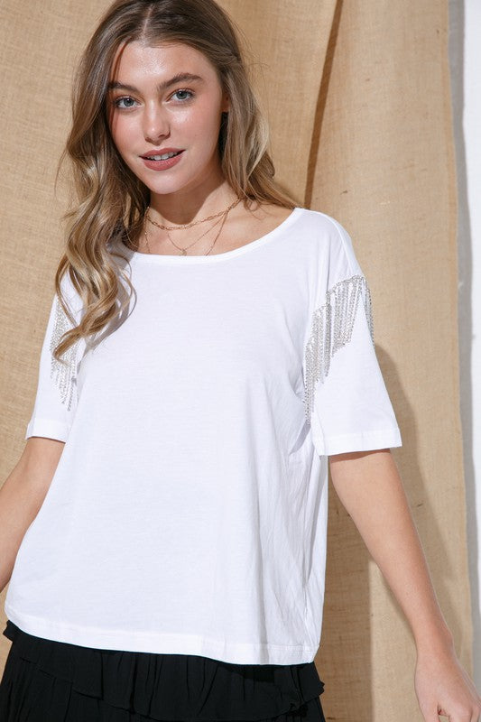 Rhinestone Fringe T Shirt -  Nueva Moda Boutique By Giselly 