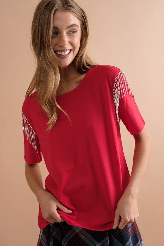 Rhinestone Fringe T Shirt -  Nueva Moda Boutique By Giselly 