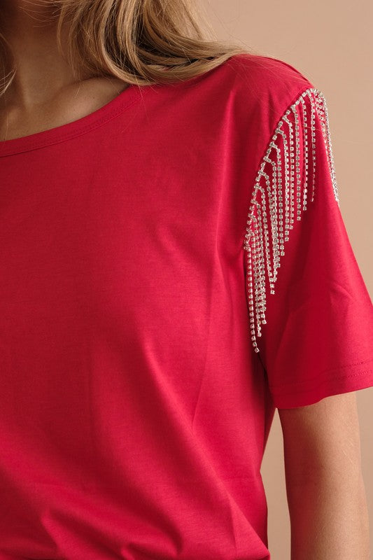 Rhinestone Fringe T Shirt -  Nueva Moda Boutique By Giselly 