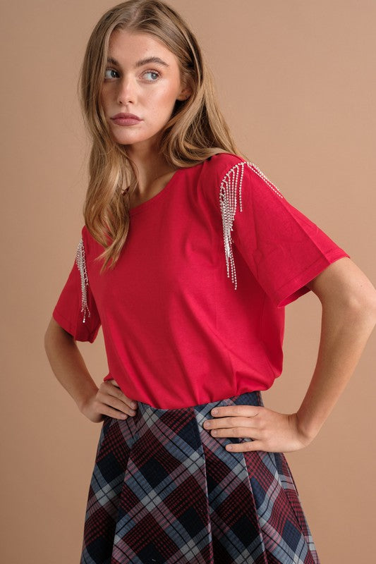 Rhinestone Fringe T Shirt -  Nueva Moda Boutique By Giselly 