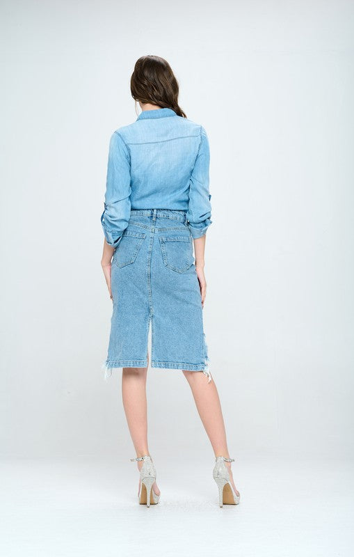 FRONT DESTROYED DENIM SKIRT -  Nueva Moda Boutique By Giselly 