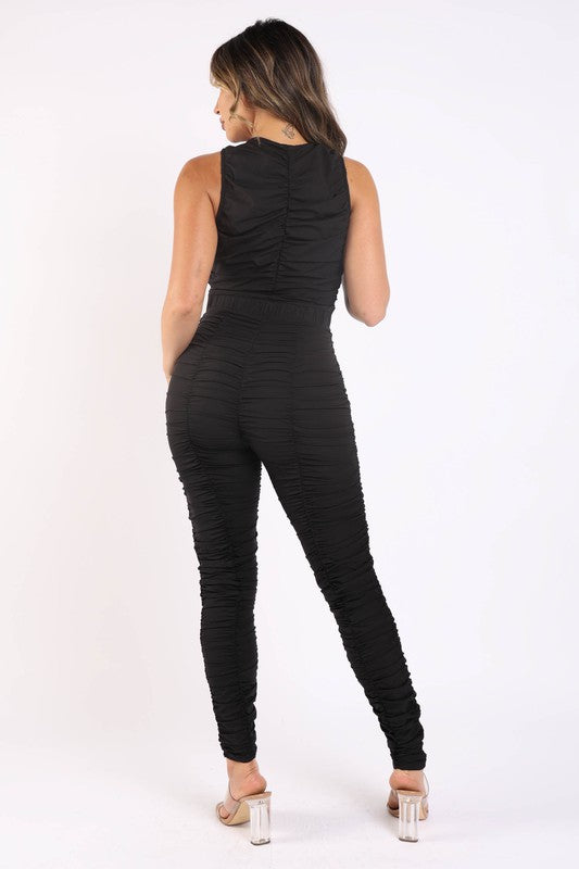 Track Zipper All Over Ruched Jumpsuit -  Nueva Moda Boutique By Giselly 