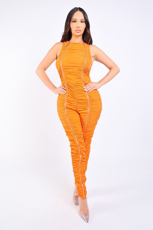 Track Zipper All Over Ruched Jumpsuit -  Nueva Moda Boutique By Giselly 