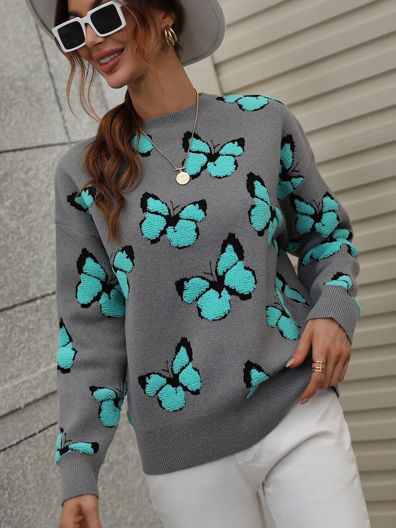 Butterfly Dropped Shoulder Crewneck Sweater -  Nueva Moda Boutique By Giselly 