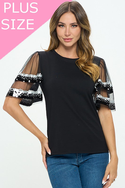 Sequenced Shiny Detail sleeve Shoulder cut top -  Nueva Moda Boutique By Giselly 