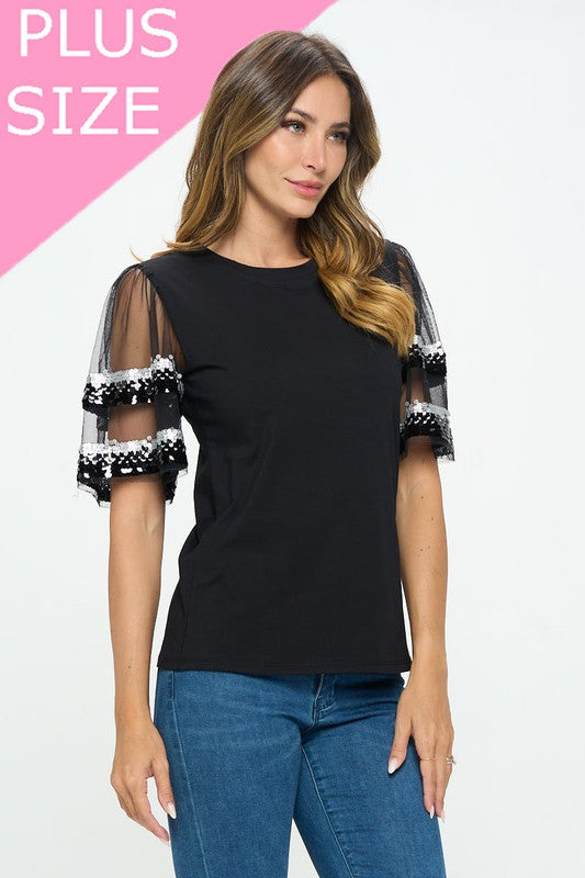 Sequenced Shiny Detail sleeve Shoulder cut top -  Nueva Moda Boutique By Giselly 