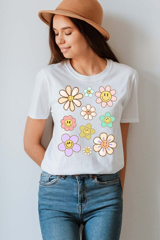 Happy Face Floral Graphic Tee -  Nueva Moda Boutique By Giselly 