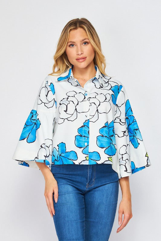 Women Woven Digital Floral Print 3/4 Bell Sleeve Button-Down Shirts: -  Nueva Moda Boutique By Giselly 
