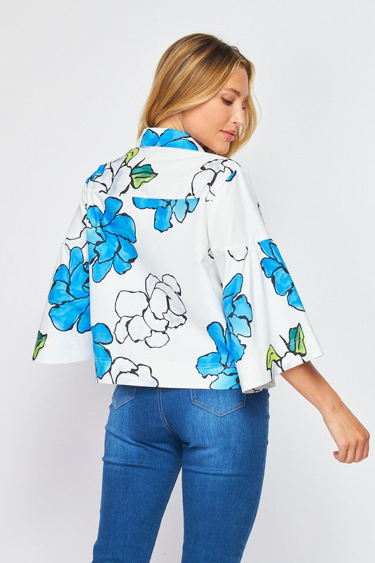 Women Woven Digital Floral Print 3/4 Bell Sleeve Button-Down Shirts: -  Nueva Moda Boutique By Giselly 