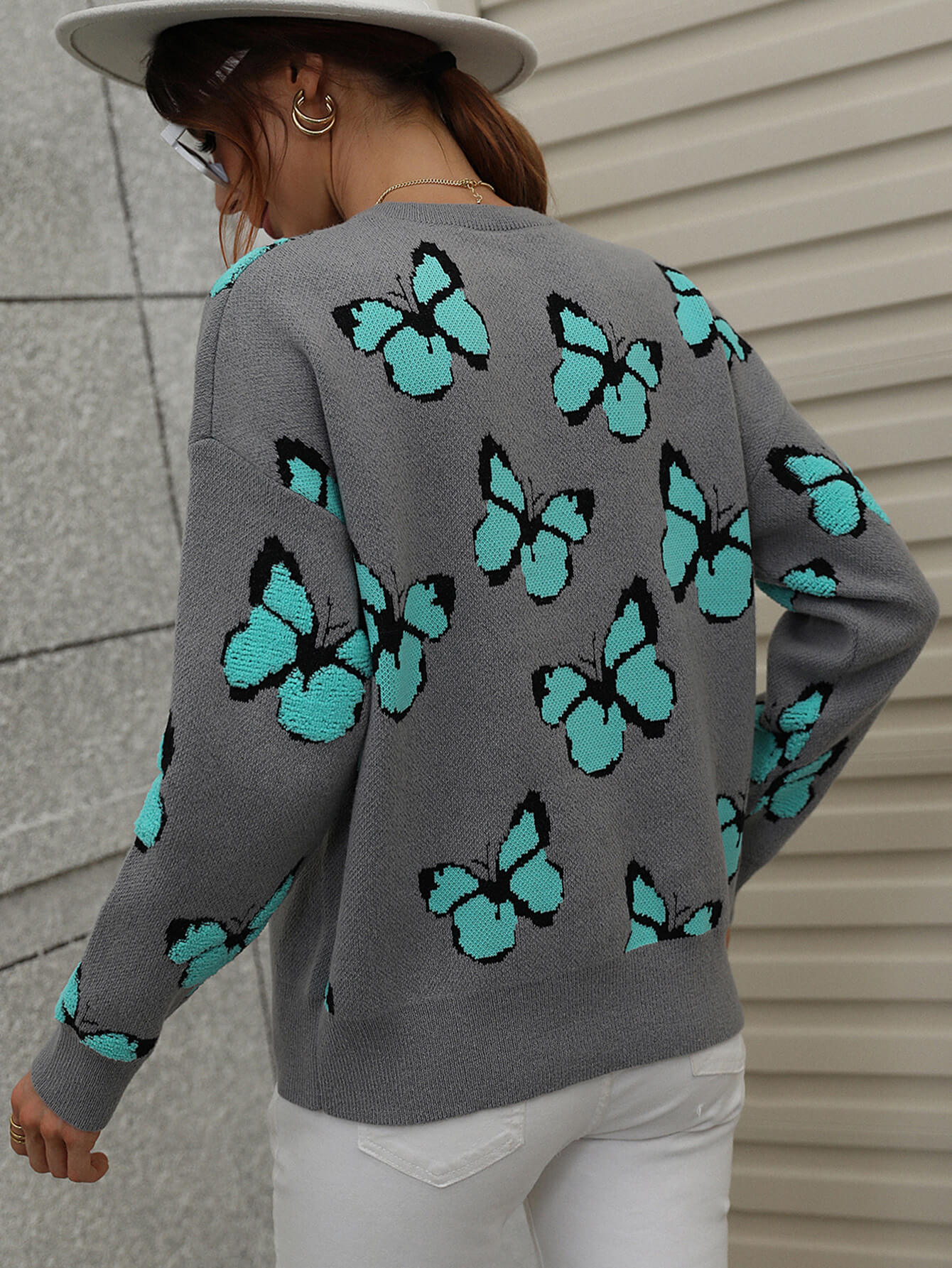 Butterfly Dropped Shoulder Crewneck Sweater -  Nueva Moda Boutique By Giselly 