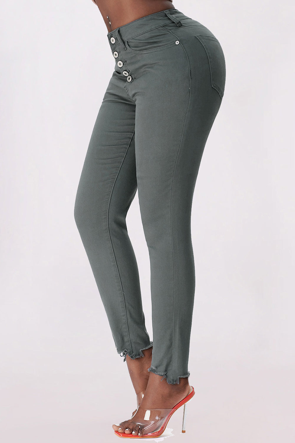 Button Fly Hem Detail Skinny Jeans -  Nueva Moda Boutique By Giselly 