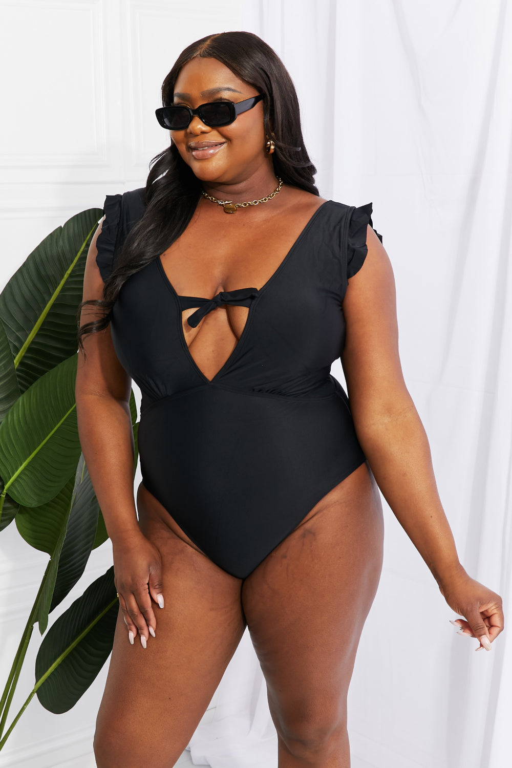 Marina West Swim Seashell Ruffle Sleeve One-Piece in Black -  Nueva Moda Boutique By Giselly 