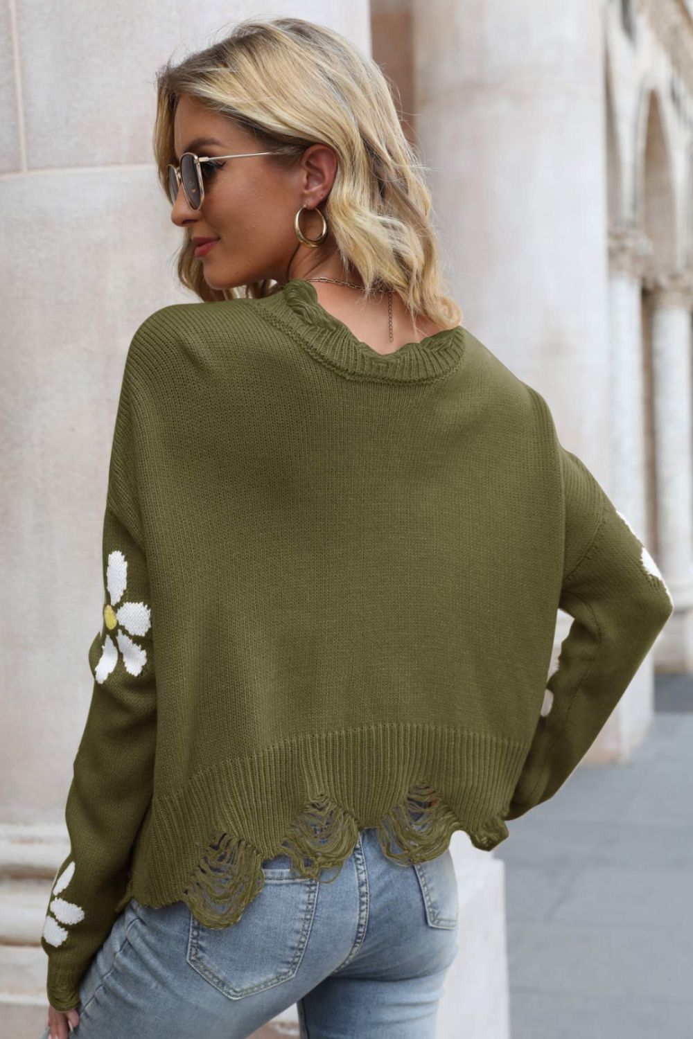 Flower Distressed Ribbed Trim Sweater -  Nueva Moda Boutique By Giselly 