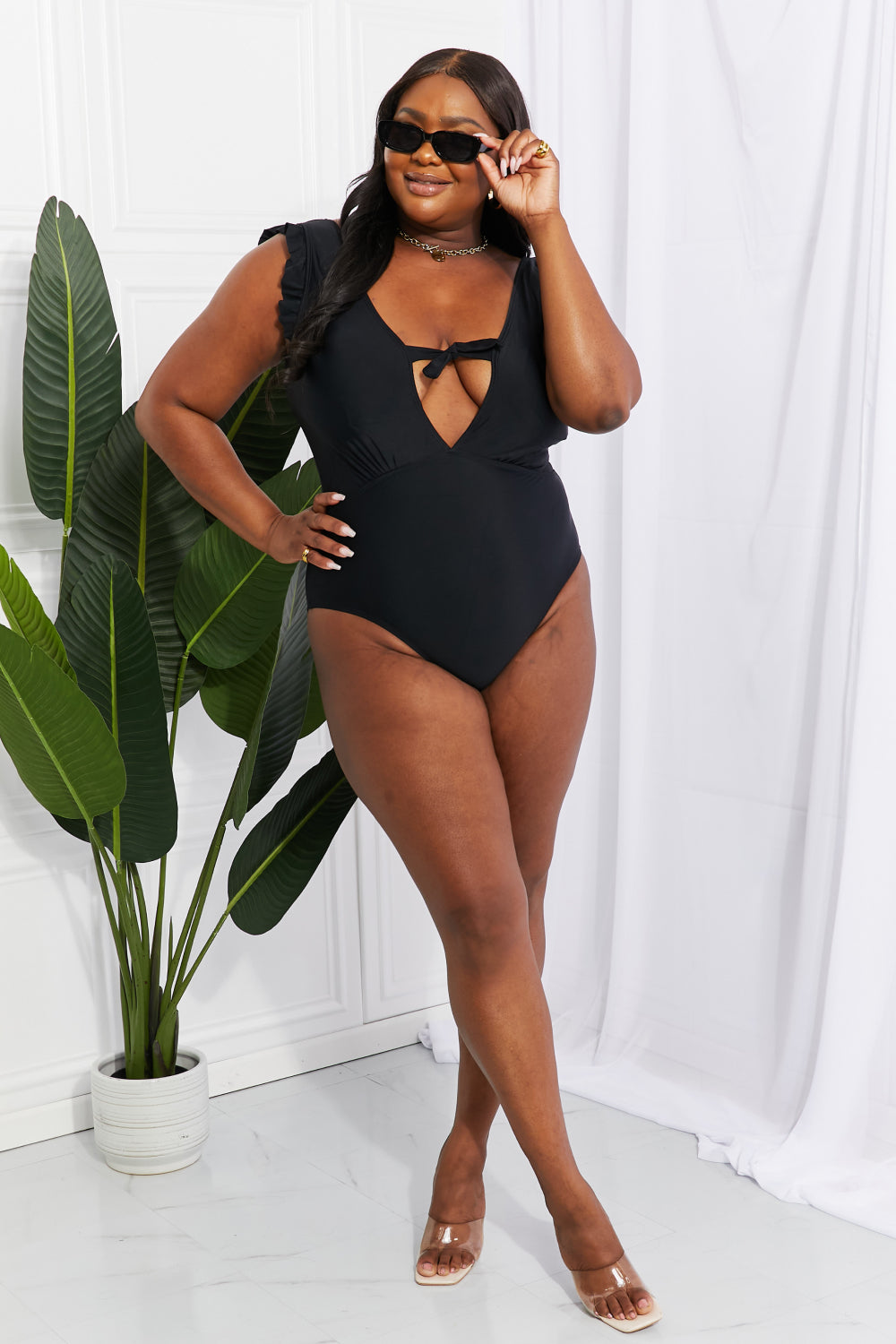 Marina West Swim Seashell Ruffle Sleeve One-Piece in Black -  Nueva Moda Boutique By Giselly 