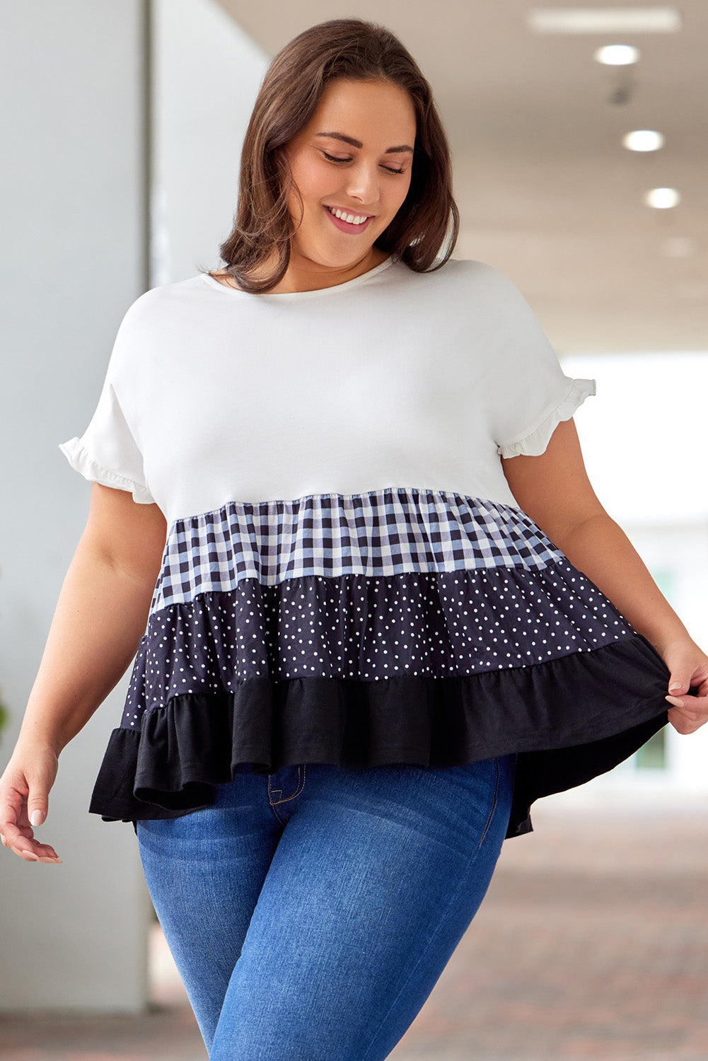 Plus Size Plaid Color Block Tiered Blouse -  Nueva Moda Boutique By Giselly 