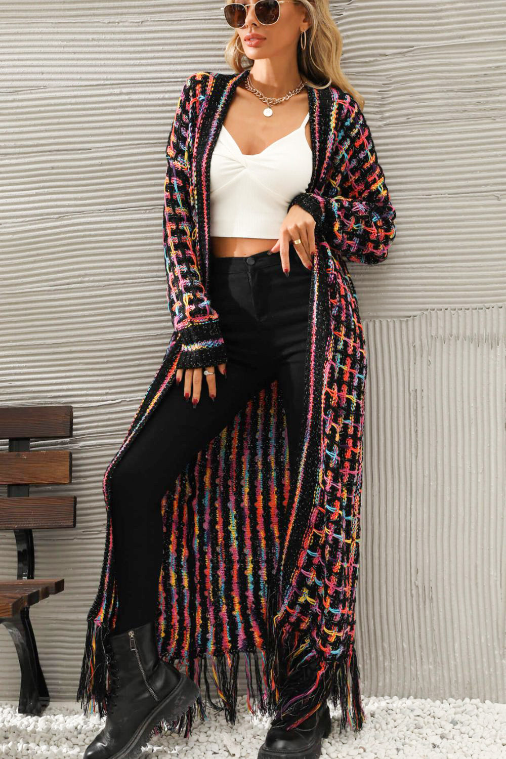 Multicolored Open Front Fringe Hem Cardigan -  Nueva Moda Boutique By Giselly 