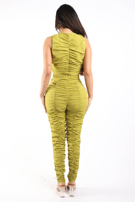 Track Zipper All Over Ruched Jumpsuit -  Nueva Moda Boutique By Giselly 