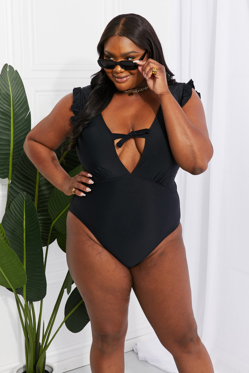 Marina West Swim Seashell Ruffle Sleeve One-Piece in Black -  Nueva Moda Boutique By Giselly 