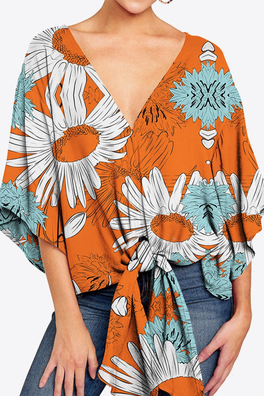 Printed Deep V Tie Hem Blouse -  Nueva Moda Boutique By Giselly 