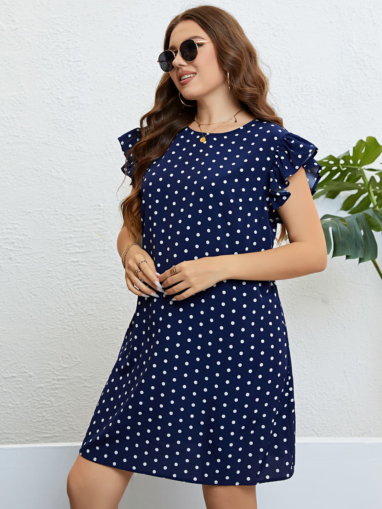 Plus Size Polka Dot Round Neck Dress -  Nueva Moda Boutique By Giselly 