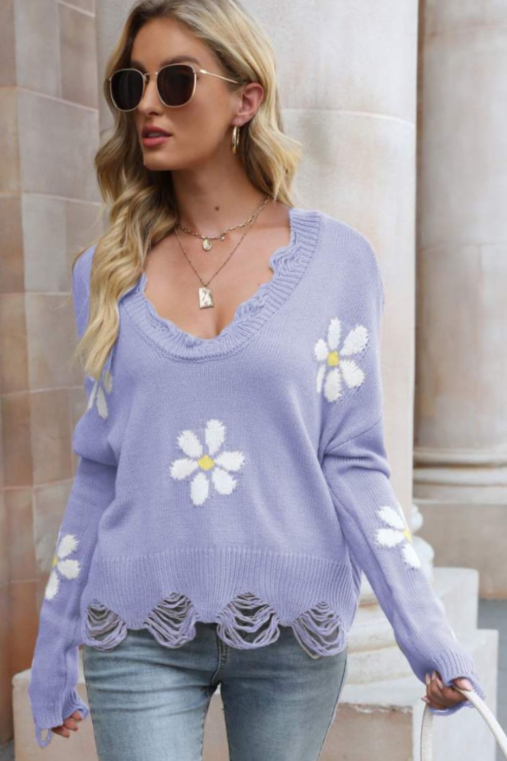 Flower Distressed Ribbed Trim Sweater -  Nueva Moda Boutique By Giselly 