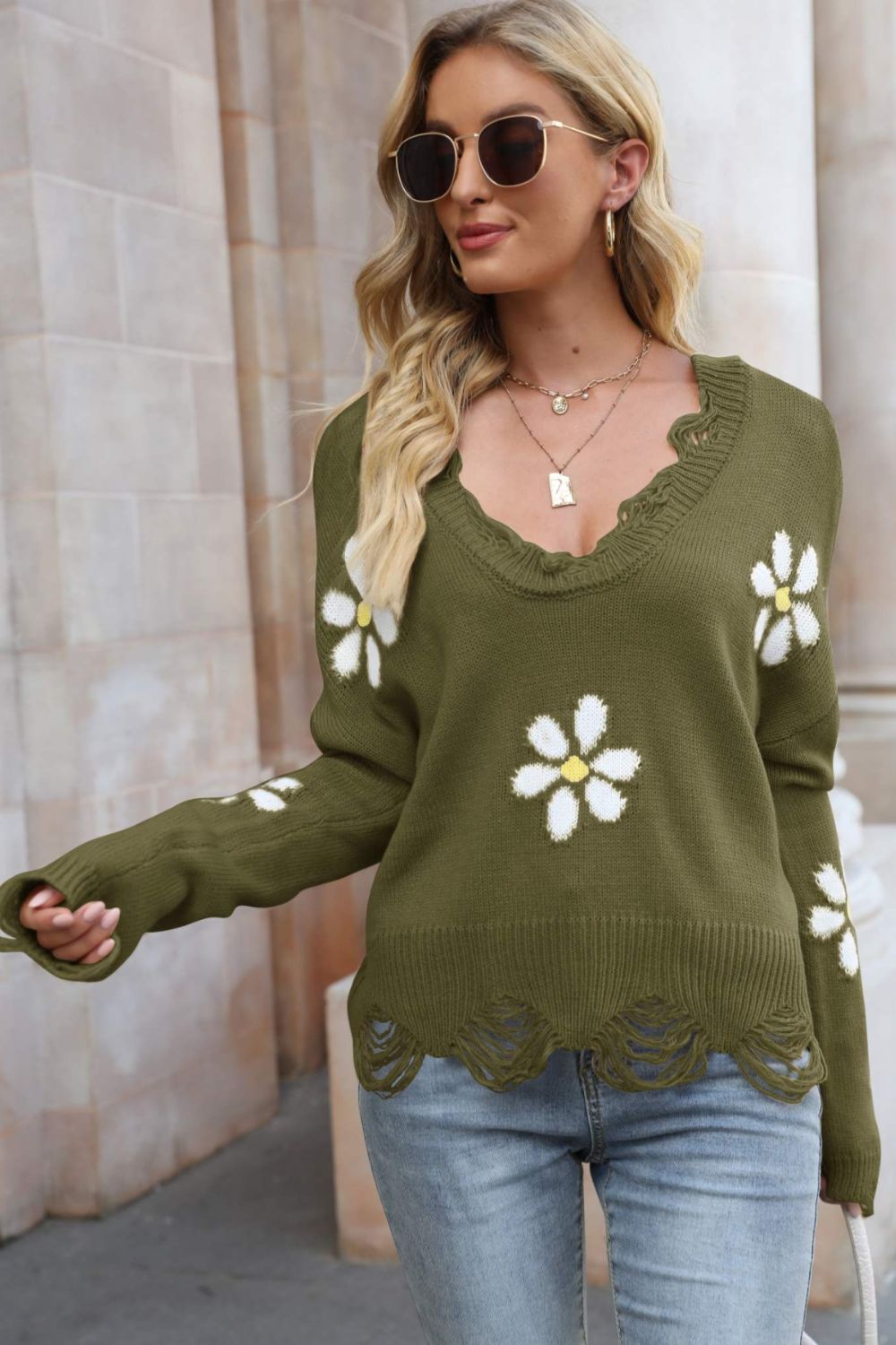 Flower Distressed Ribbed Trim Sweater -  Nueva Moda Boutique By Giselly 