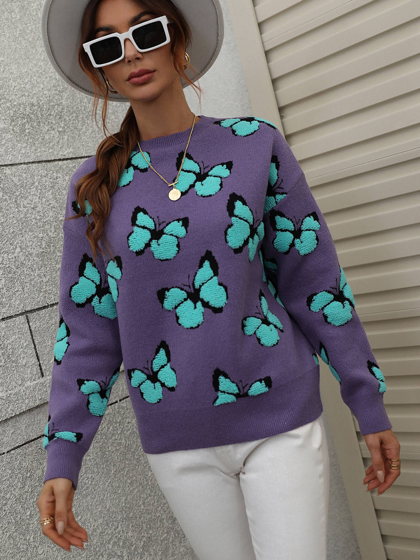 Butterfly Dropped Shoulder Crewneck Sweater -  Nueva Moda Boutique By Giselly 