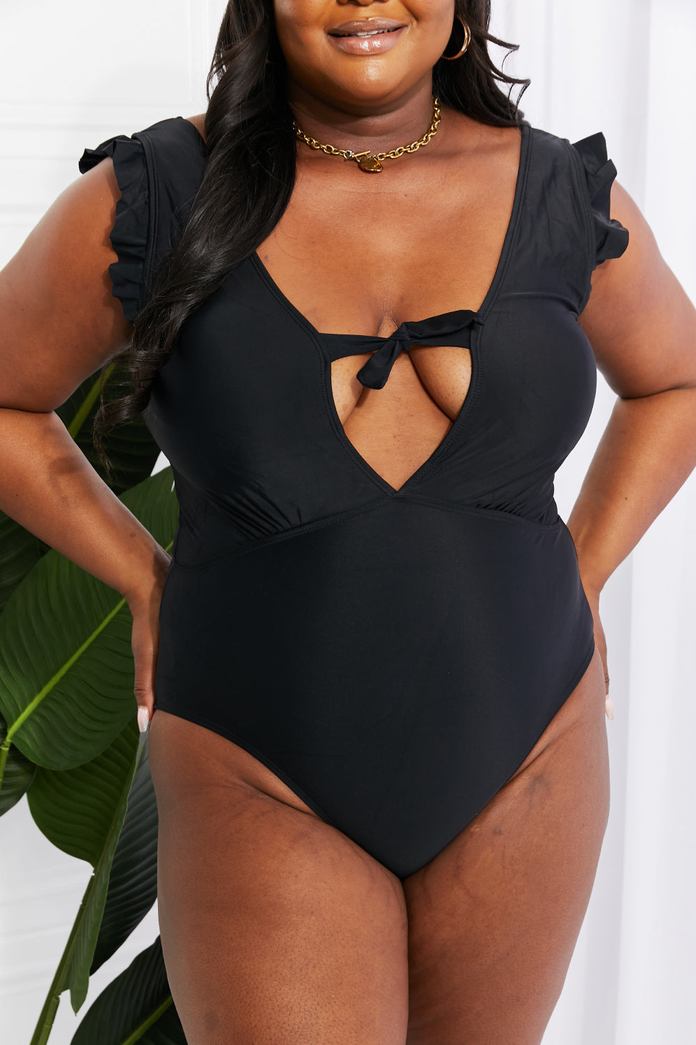 Marina West Swim Seashell Ruffle Sleeve One-Piece in Black -  Nueva Moda Boutique By Giselly 