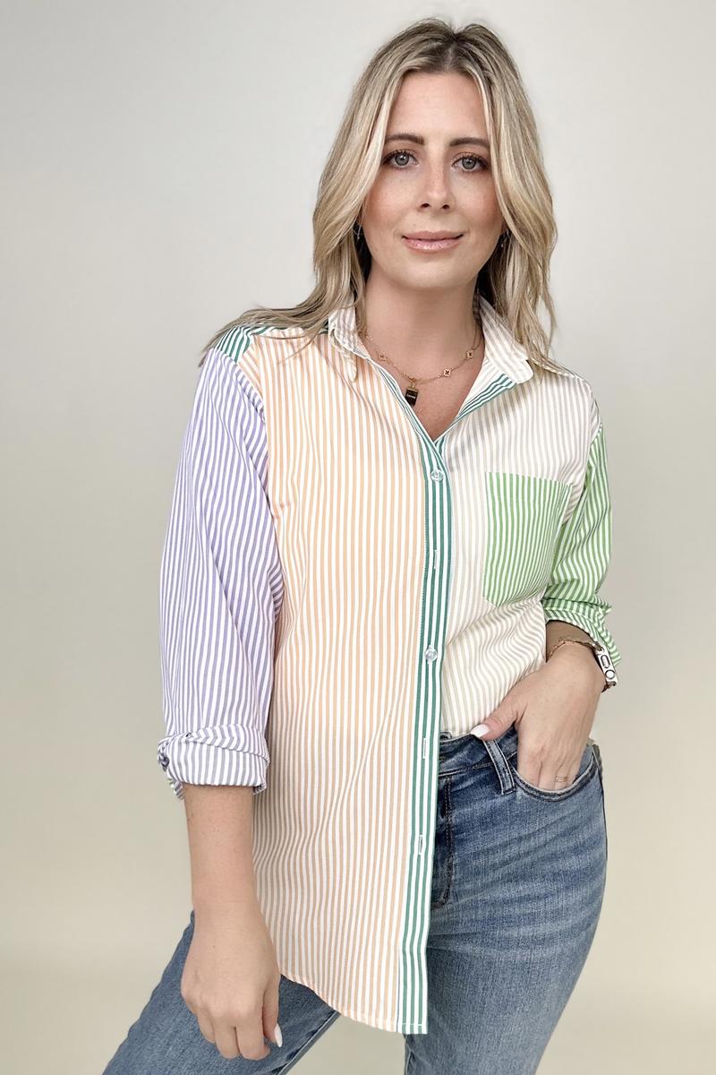 Davi & Dani Multicolor Mixed Stripe Button Front Top